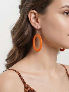 Orange Cutout Oval Dangle Earrings | Lightweight Wooden Geometric Earrings